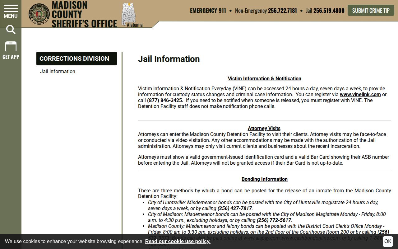 Madison County Detention Facility release information and VINE page