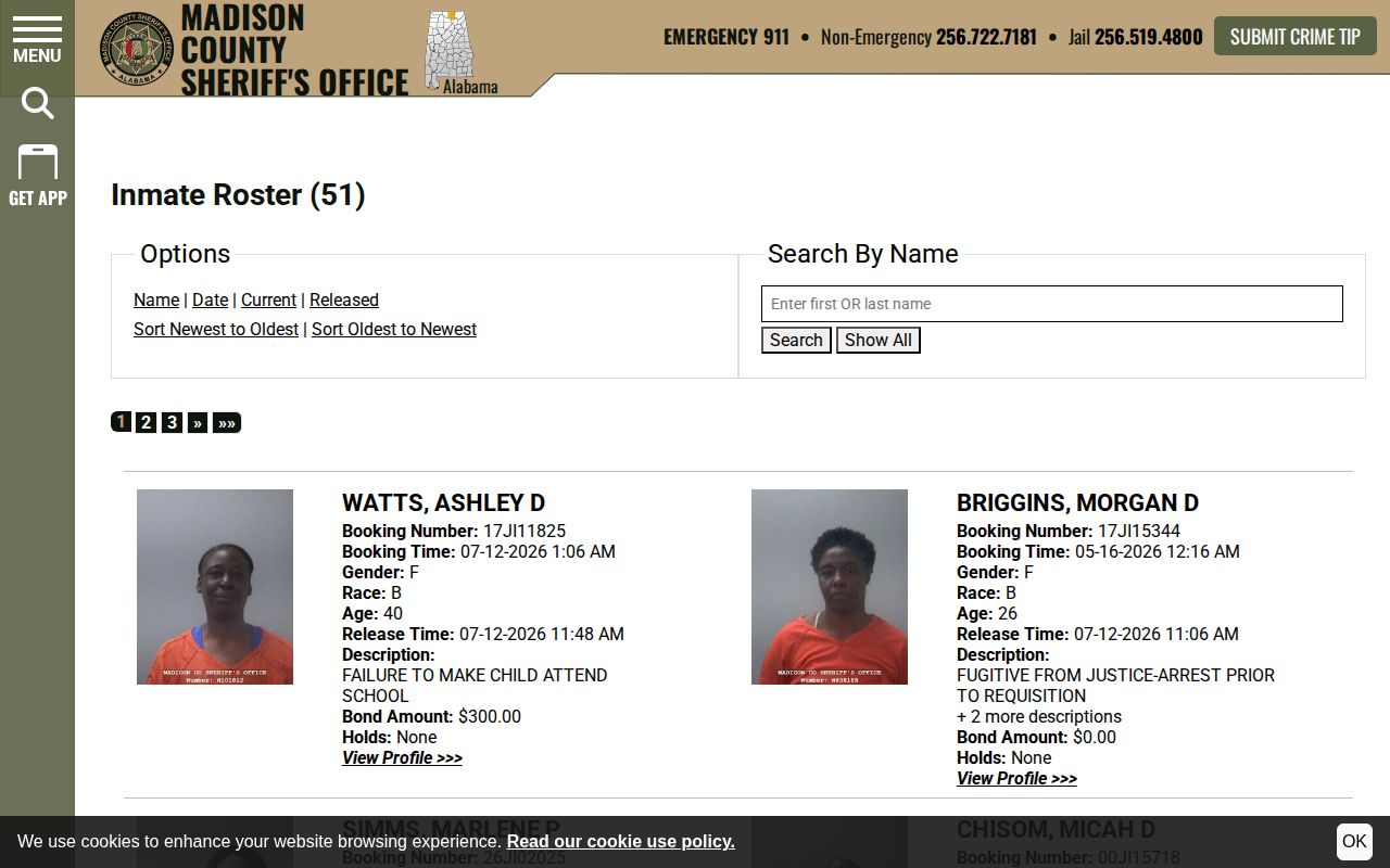 Madison County released inmates roster sorted by release time